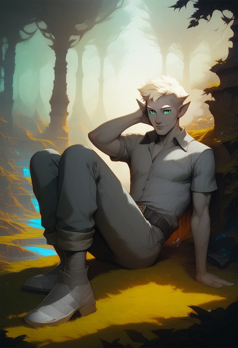 (score_9, score_8_up:1.1), score_7_up, score_9, score_8_up, score_8, score_7_up, dynamic angle, (((full body))), masculine, relaxing, leaning on riverbank, 1boy, solo, sexy, athletic, vox machina style, solo, warlock, fantasy, forest background, (dynamic lighting:1.1) ((masterpiece)), detailed eyes, (((detailed iris))), pupils, perfecteyes, perfect eyes, best quality, ((masterpiece)), sharp cheekbones, gaunt face, defined cheekbones, 28 years old, (adult, mature), hard face, slight smile, ((thin lips)), (half_elf:0.5), dark elf, (((grey skin))), ((((white hair)))), (((short hair))), professional, (legion haircut), (short cut sides), (short bangs), (((white eyebrows))), light eyebrows, ((((pale grey ((((short)))) tipped ears)))), pointed_ears:0.5, ((short pointed ears)), eyebrow scar on left side of face, cheek scar, ((detailed turquoise eyes))