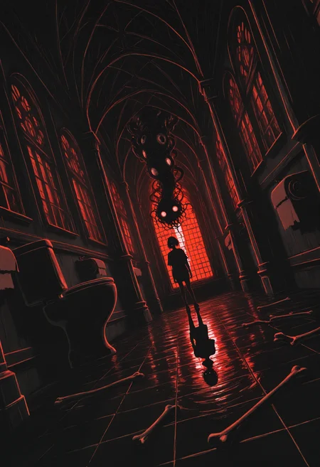 (incredibly_absurdres, amazing_background, best quality, shadow, reflection, dflat_colors, anime_coloring, dynamic_angle, motion_blur, dutch_angle, surreal, flat_shading, limited_palette, line_art, high_contrast, traditional_media, dark_theme)
(dappermouth, comic, sketch, monochrome, sweat, saliva, 1girl, lips, (gothic_architecture, toilet, ornate floor, bathroom), eldritch_abomination, shirt, bone, solo, short sleeves, t-shirt, dark (cramped, liminal, spoopy), dark_theme, white_eyes spine tentacles wide-eyed glowing_eyes horror_(theme))