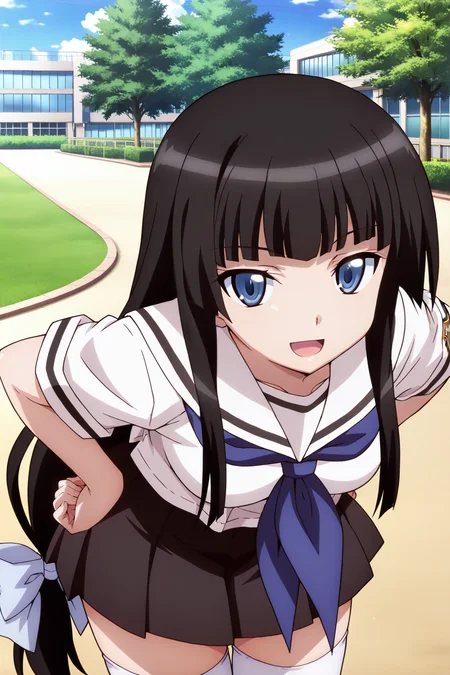 anime screenshot, ben-tou, 1girl, solo, shiraume ume, black hair, long hair, hime cut, blunt bangs, low-tied long hair, blue eyes, medium breasts, school uniform, serafuku, white shirt, short sleeves, white sailor collar, black skirt, pleated skirt, blue neckerchief, white thighhighs, looking at viewer, smile, open mouth, leaning forward, hands on own hips, cowboy shot, outdoors, masterpiece, best quality, high quality, highres, absurdres, <lora:shiraume_ume_ILXL:0.9>