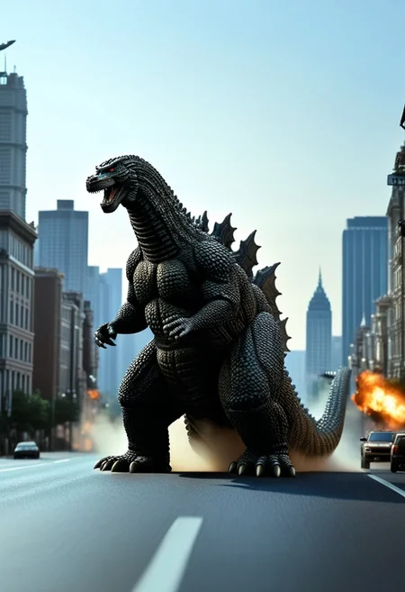 wide shot, cinematic film still, in the foreground highway road of (army tanks), ((slender Godzilla)) in the background city horizon, monster focus, solo, realistic, hyperrealism, ornate, studio photograph, godzilla kaijuu, gigantic monster, model_buildings, model_kit_(medium), city skyline, forced perspective, blurry background, building, outdoors, perfection style, perfection, perfect