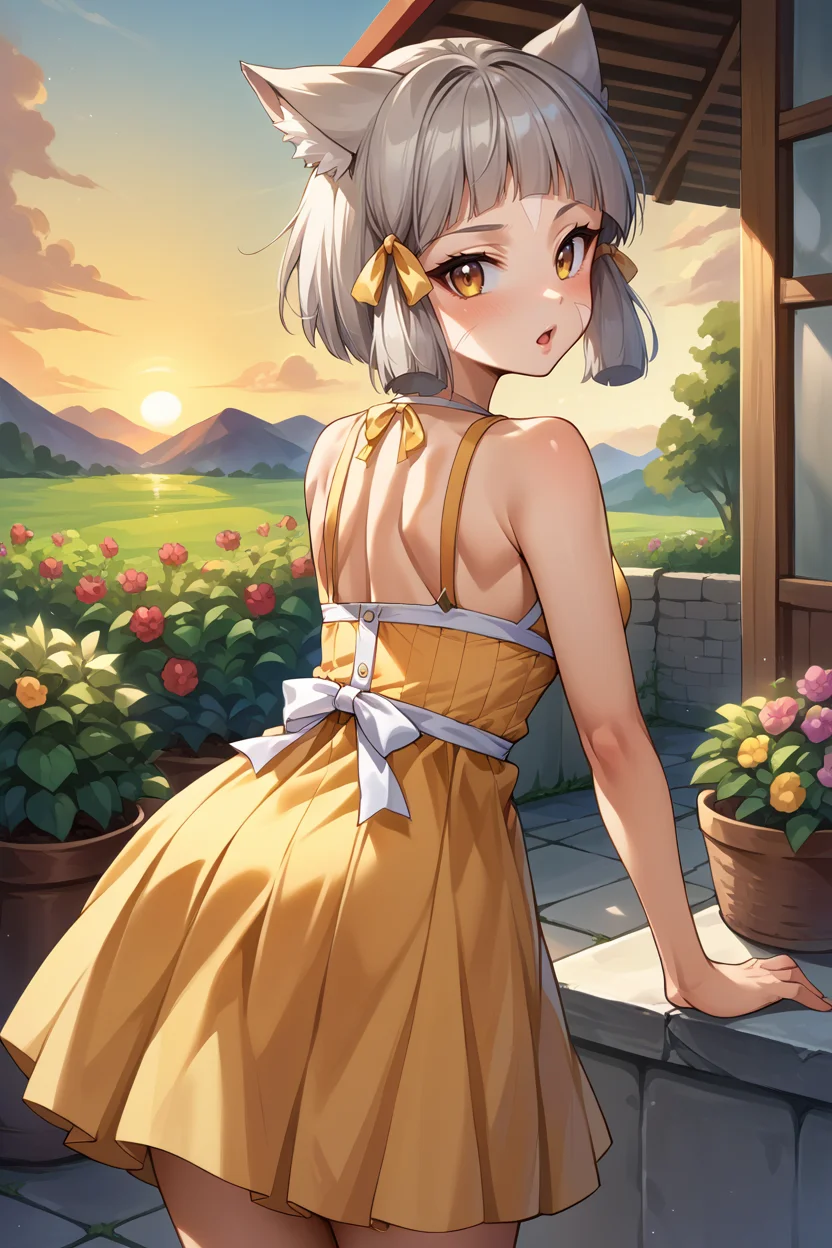 score_9, score_8_up, score_7_up, score_6_up, source_anime BREAK 1girl, <lora:nia-pdxl-nvwls-v1-000006:1> xc2Nia, cat ears, grey hair, short hair, blunt bangs, facial mark, hair ribbon, yellow sundress, from behind, sunset, garden, looking at you, chestnut mouth, blush