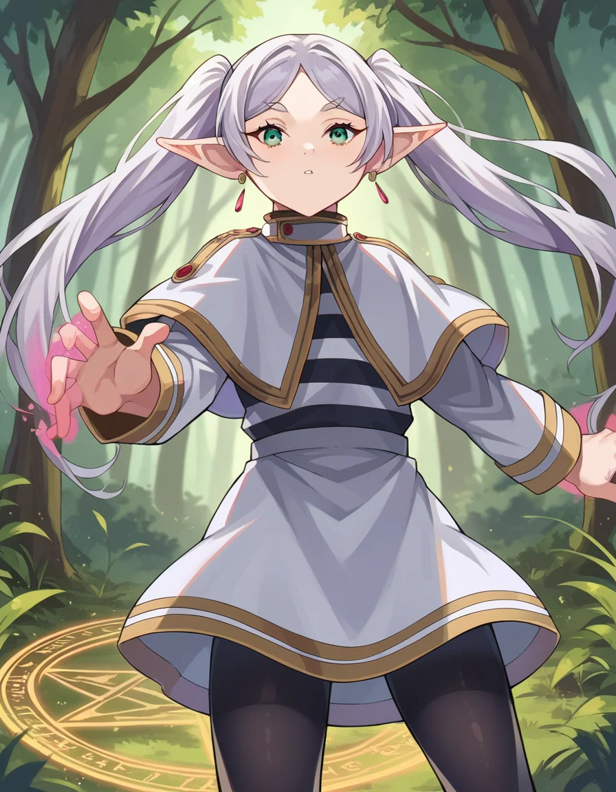 score_9, score_8_up, score_7_up, source_anime,
frieren, <lora:frieren-ponyxl-lora-nochekaiser:1>,
frieren, long hair, twintails, green eyes, grey hair, pointy ears, elf,
shirt, long sleeves, jewelry, pantyhose, earrings, striped, black pantyhose, capelet, striped shirt, skirt, white skirt,
outdoors, forest, nature, fighting stance, magic, magic circle,
looking at viewer, cowboy shot, dutch angle, dynamic pose,