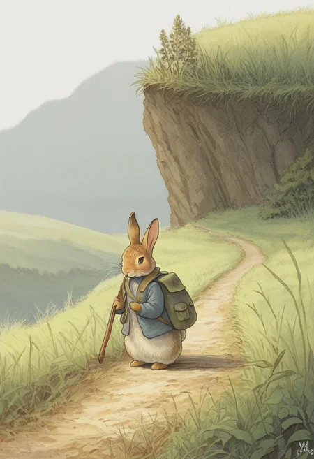 Score_9, , in the style of Beatrix Potter, Rabbit with a backpack, toolset, going to fix the hillside
