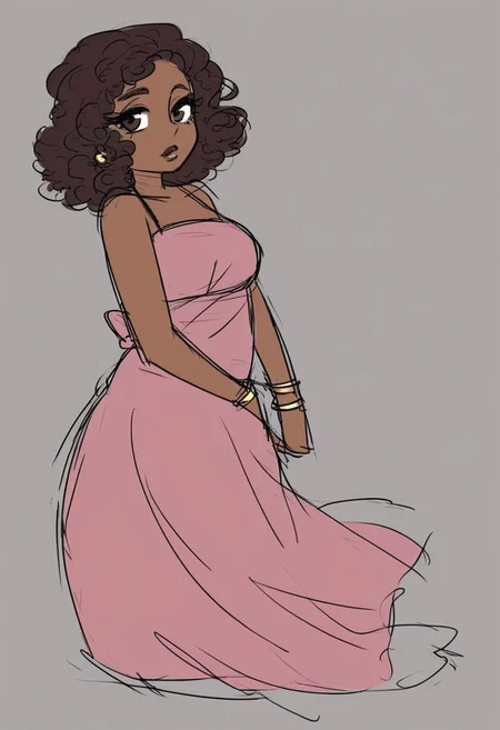 sketch,
Latina, 1girl, solo
dark skin, dark-skinned female
Tall and statuesque,
curly dark-brown hair,
mocha skin, and hazel eyes. maxi dresses with high slits, accessories.