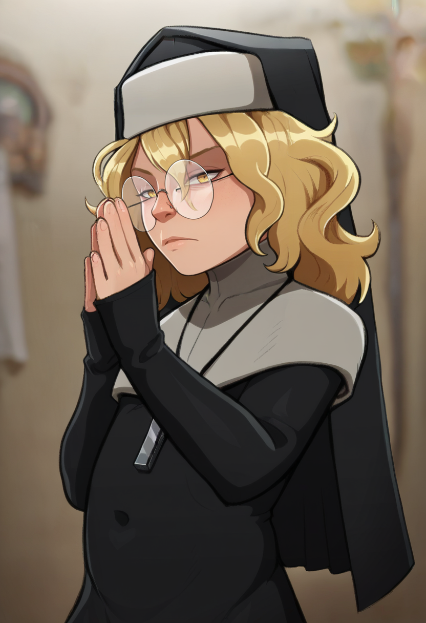 score_9, score_8_up, score_7_up,  <lora:add-detail-xl:3>,
BREAK
<lora:Sister_MacKillop:0.8>, mack, blonde hair, yellow eyes, glasses, habit, nun , nun dress, cross necklace,
BREAK
solo, standing, ,upper body,