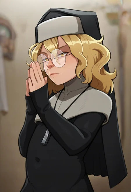 score_9, score_8_up, score_7_up,  <lora:add-detail-xl:3>,
BREAK
<lora:Sister_MacKillop:0.8>, mack, blonde hair, yellow eyes, glasses, habit, nun , nun dress, cross necklace,
BREAK
solo, standing, ,upper body,