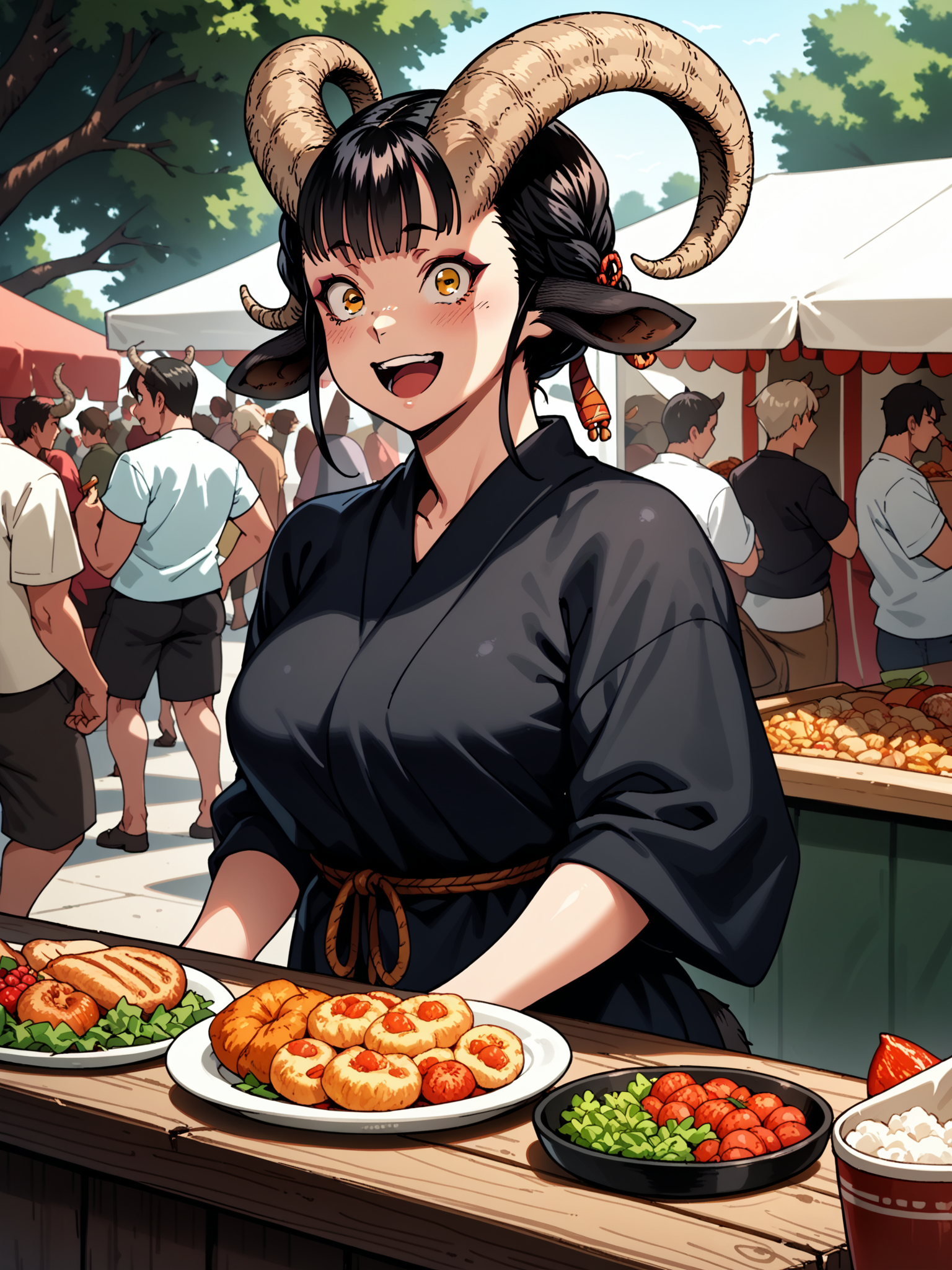 (upper body, solo:1.1) <lora:happy_tentacle-maya-v0.6-000026:0.9>, ht_maya, satyr, goat girl, goat horns, goat tail, hooves, large breasts, yellow eyes, plump, thick thighs, black hair, (petite:1.2), <lora:Shed_The_Skin's StS_age_slider_v1_initial_release:-1.1> ( :1.1) ( , , (excited :1.2) , (wavy mouth:0.8) , :1) , outdoors, vegetation, ( :1.1), , (day :0.6), , (:0.5), people , ( :0.8), (festival, food stand:1.2), crowd, tree, (traditional clothes:1.2) ( :0.8) score_9, score_8_up, score_7_up, score_6_up, score_5_up, score_4_up, ( [(realistic, photorealistic:1.3):(realistic:1.2):14] [(3d:1.2)::12] :1) <lora:LUUNA's Lunas-NijiJourney-SDXL-B2:0.65>, nijijourney <lora:prgfrg23's Counterfeit-V3.0 Style SDXL_LoRA_Pony Diffusion V6 XL:0.35> <lora:mfcg's mfcgXL:0.12> <lora:reweik's gyokai(himehajime)_PonyXL_style_v01:0.14>