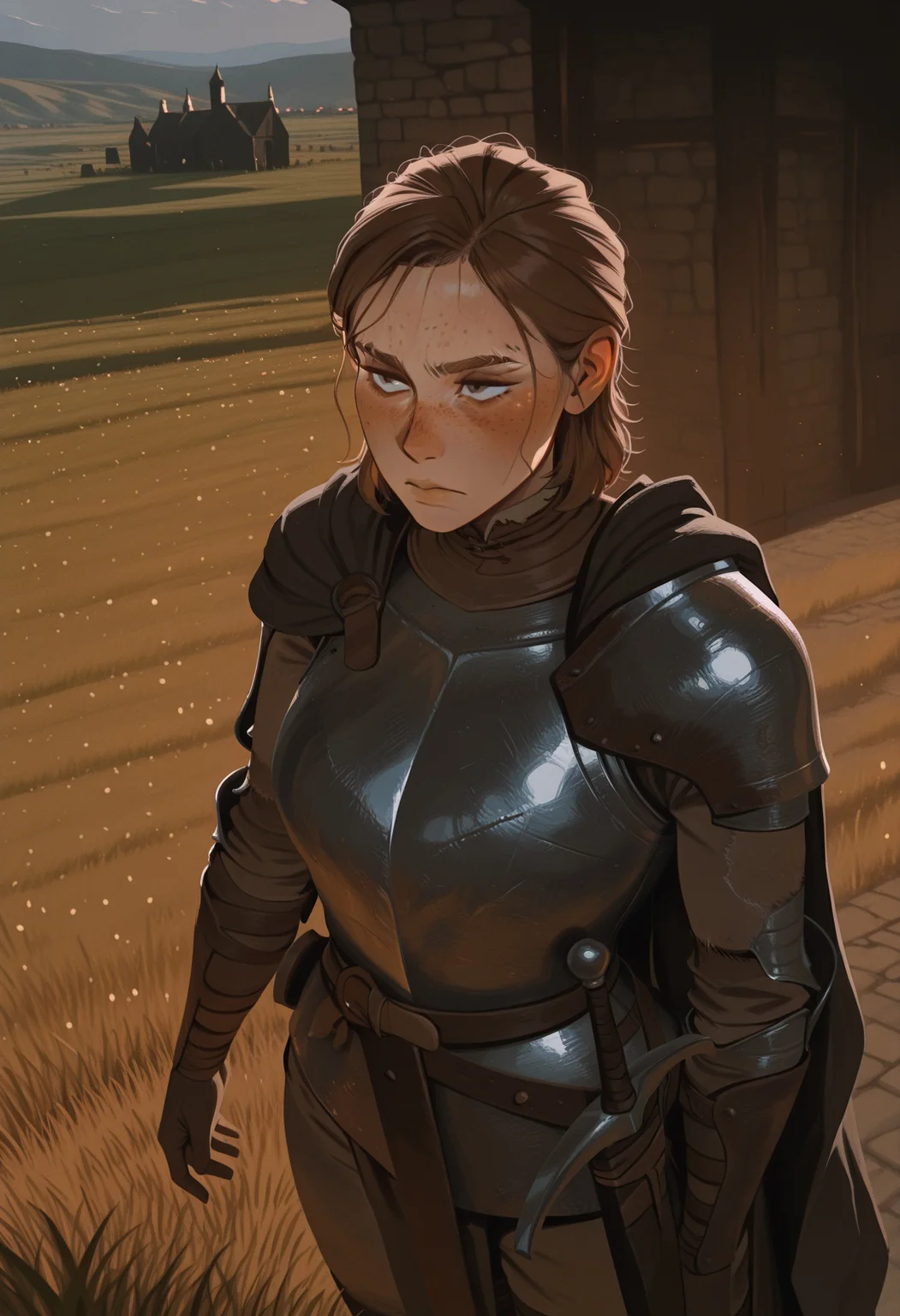 masterpiece,best quality, beautiful lighting, high angle, dutch angle,1girl, solo, EllieLOU, brown hair, medium hair, hazel eyes, eyebrow slit, serious expression, freckles, fur lining, cape, metal armor, medieval armor, suit of armor, sword sheath, stoic,grass, field, medieval battlefield,