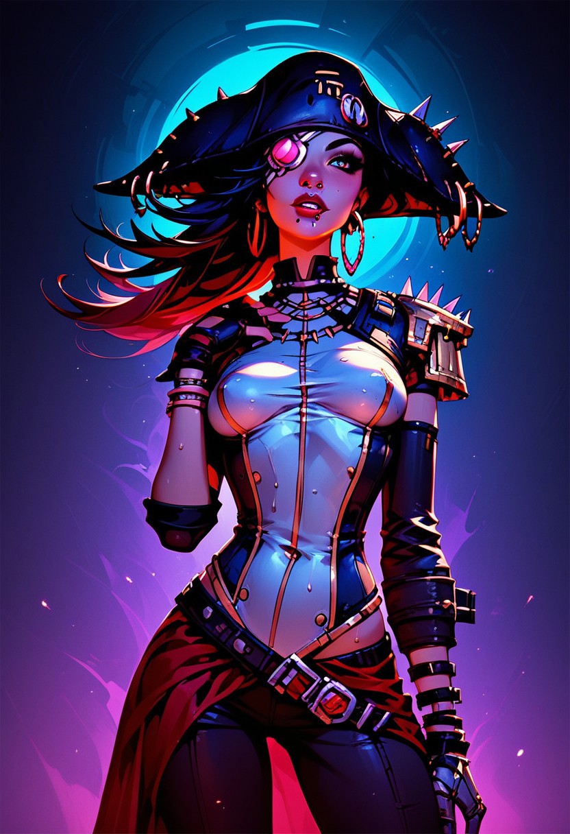 Full body view, score_9, score_8_up, score_7_up,score_6_up, Expressiveh, 1girl, solo, detailed face, sharp lines, medium breasts, slim, sweaty, drenched in sweat, dramatic lighting, detailed face, portrait, 
SCARLETTBL2,1girl, long hair, jewelry, hoop earrings, eyepatch, pirate hat,, fingerless gloves, bracelet, mechanical hand, lip piercing, fully clothed, 
, standing,
Borderlands background,