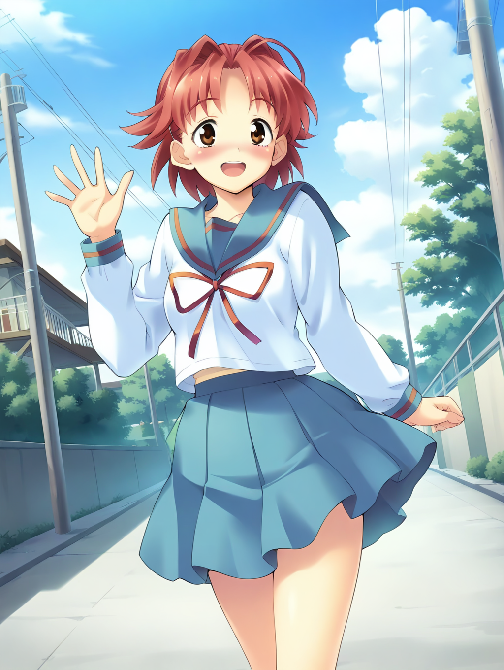 (masterpiece,best quality,ultra_detailed,highres,absurdres:1.2,amazing quality,very aesthetic),<lora:Miyako_ilxl_v1-000010:0.8>,1girl,solo,school uniform,serafuku,short hair,day,power lines,red hair,brown eyes,waving,sky,blue sailor collar,kita high school uniform,outdoors,blush,cloud,miyako\(av king\),standing,