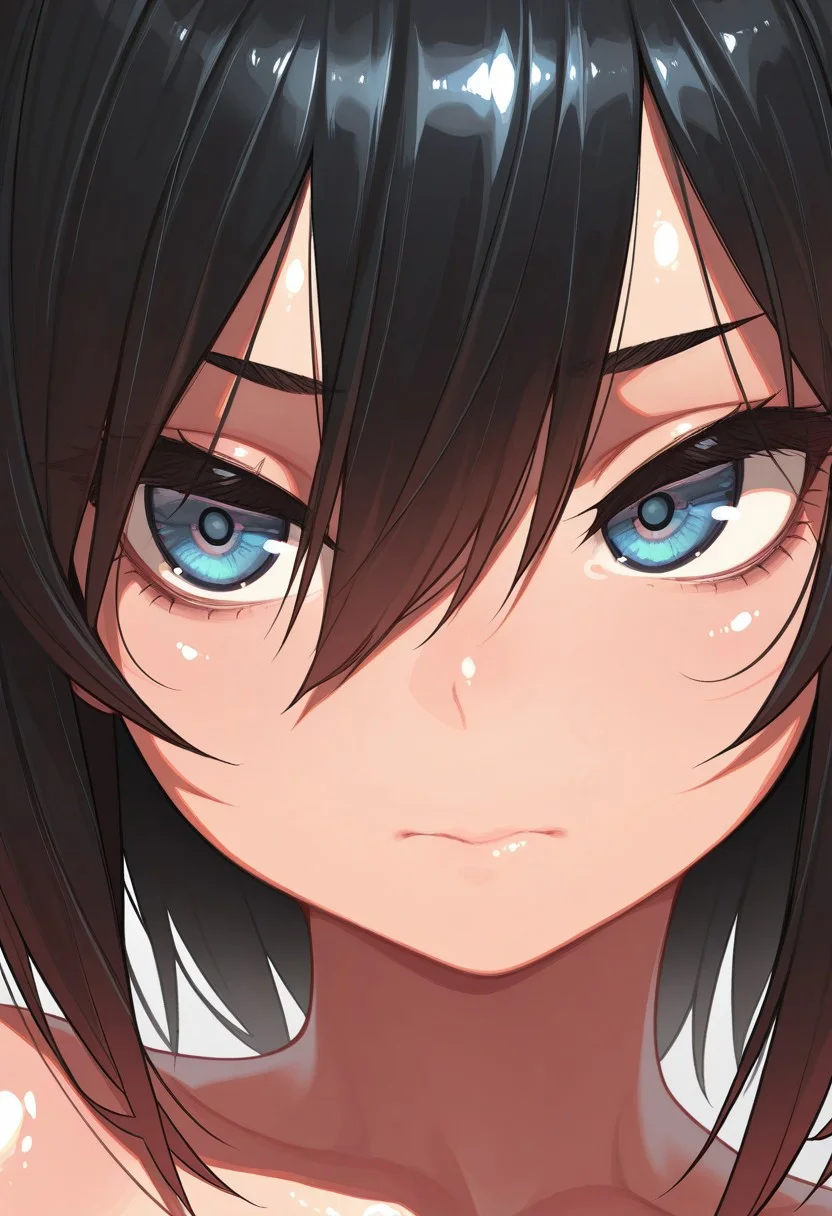 hi res, masterpiece, best quality, highres, masterpiece,best quality,amazing quality,, 1girl, hair between eyes, simple background, closed mouth, portrait, cartoon, shiny skin, shiny