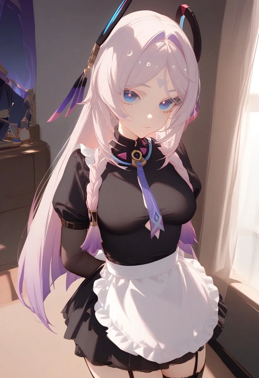 cinematic lighting, best quality, masterpiece, highres, detailed, perfect anatomy, 1girl, citlali \(genshin impact\), black dress, Juliet sleeves, white apron, frilled dress, black mini skirt, black stockings, garter straps, indoors, room, standing, hands on own lap, cowboy shot, looking at viewer