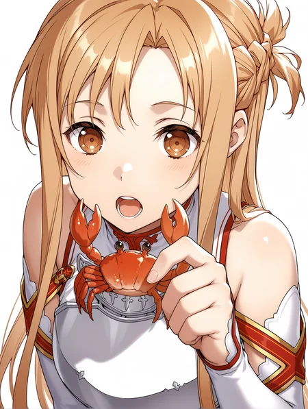masterpiece,best quality,newest,
1girl,solo,
<lora:a_asuna_ilxl_v1:1>,a_asuna,brown eyes,a_clothes,long_sleeves,armor,
<lora:Fixhands_anime_bdsqlsz_V1:1>,simple background,feeding,crab,white_background,
