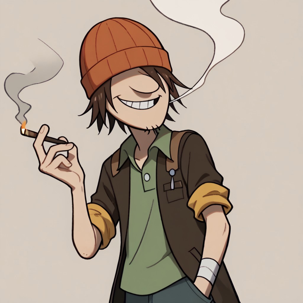 score_9, score_8_up, score_7_up BREAK WadeKB, 1boy, brown hair, orange beanie, no eyes, eyeless, open yellow-collared short-sleeved brown jacket, yellow rolled-up short sleeve, green undershirt, cowboy shot, happy, smoking marijuana,