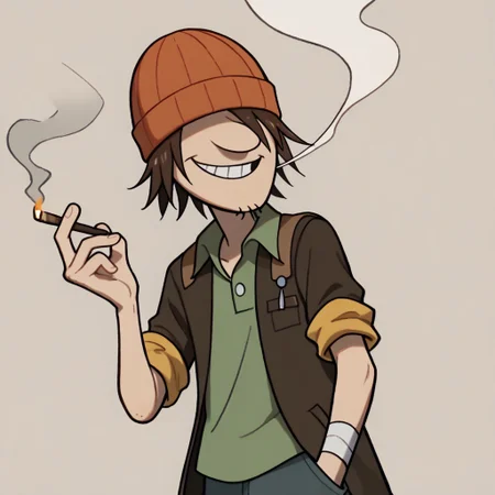 score_9, score_8_up, score_7_up BREAK WadeKB, 1boy, brown hair, orange beanie, no eyes, eyeless, open yellow-collared short-sleeved brown jacket, yellow rolled-up short sleeve, green undershirt, cowboy shot, happy, smoking marijuana,