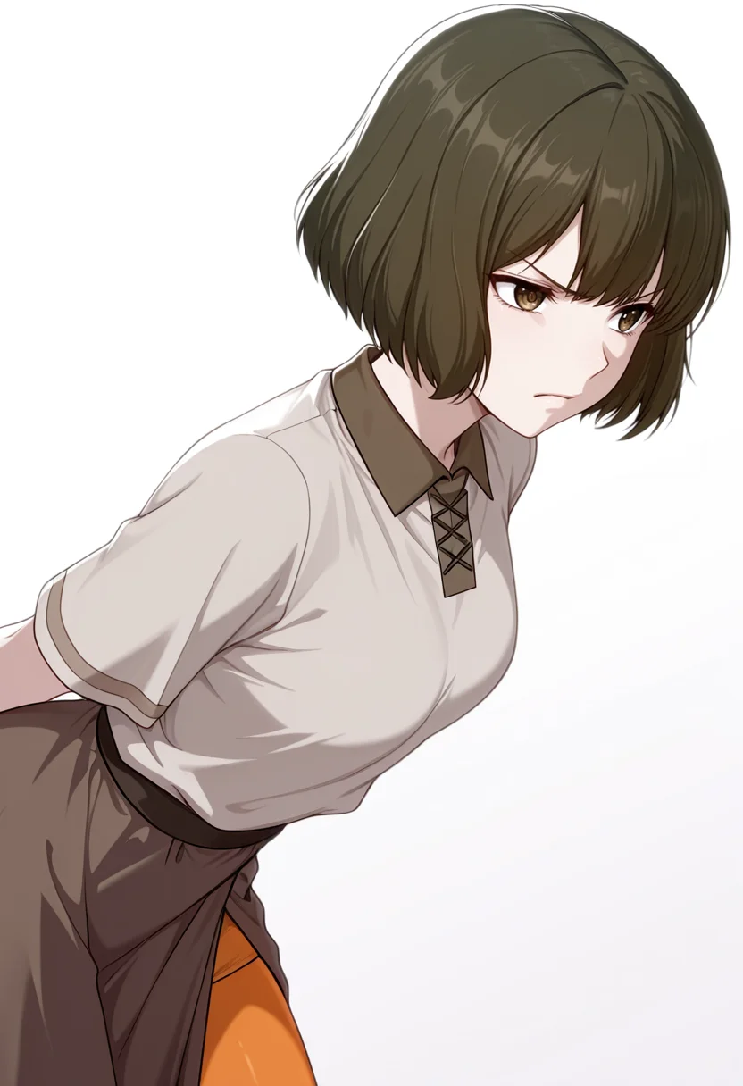 masterpiece,high quality details, absurdres,
 <lora:Akira_Dojima_V2:0.8> akira_cnr,1girl, brown hair, short hair, bob cut, bangs,brown eyes,, simple background, white background, from side,solo,, scowl,despair,, collared shirt,tunic,asymmetrical skirt,,orange pantyhose,