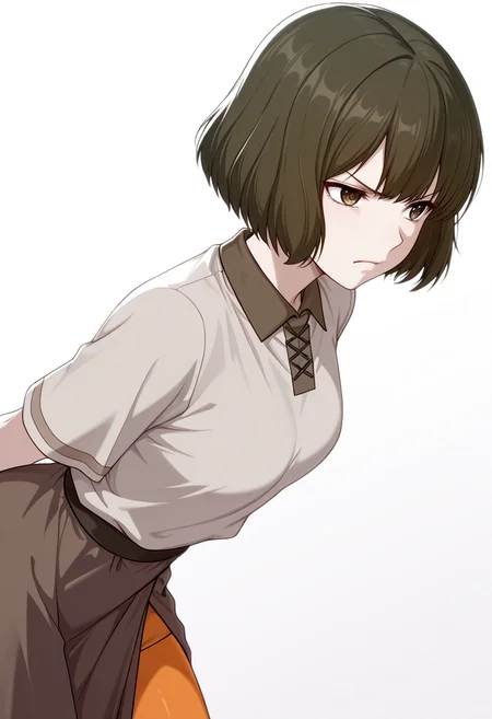 masterpiece,high quality details, absurdres,
<lora:Akira_Dojima_V2:0.8> akira_cnr,1girl, brown hair, short hair, bob cut, bangs,brown eyes,, simple background, white background, from side,solo,, scowl,despair,, collared shirt,tunic,asymmetrical skirt,,orange pantyhose,