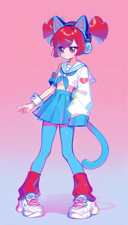 1girl, standing,  facing to the side,  full body,  yume kawaii,  simple background, expressionless,  arms at sides,
BuroMD,BuroJKOutfit,BuroJKNewStyle,
blue hairclip, blue hair tie, blue fingernails,
red hair, short twintails, hair between eyes,blunt ends, short hair, pink eyes,
blue cat ear headphones, blue armband,broken heart print, long single sleeve,  blue pleated skirt, miniskirt,(long undershirt, blue pantyhose, red loose socks:1.3),sneakers,
white sailor shirt, blue neckerchief, sleeves past fingers, single white wrist cuff,  blue cat tail,tail raised,
<lora:[AnimagineXL_V3.1]BuroJK_Muse_Dash_v.1:1>gradient background,, masterpiece, best quality, very aesthetic, absurdres