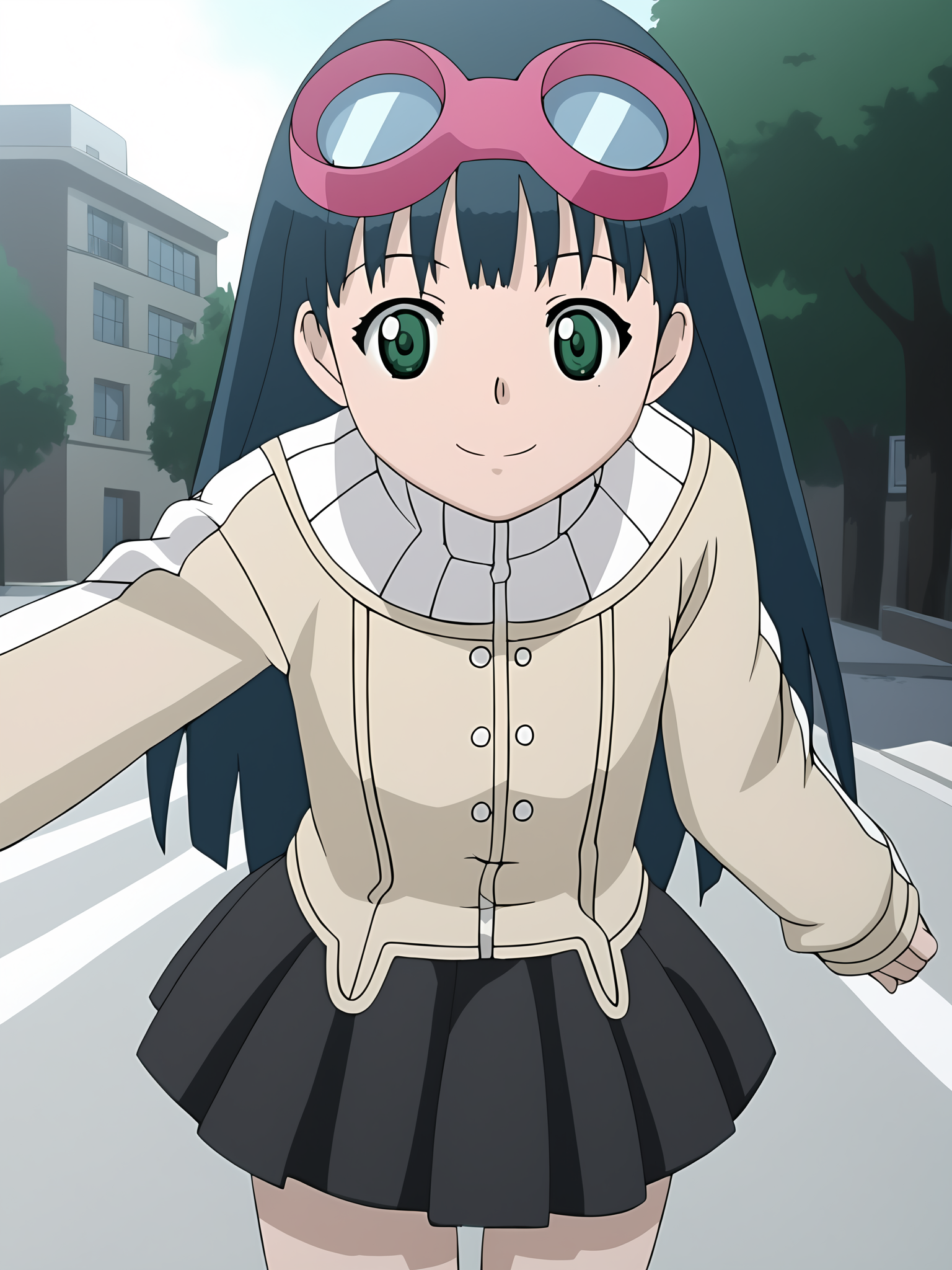 score_9, source_anime BREAK, oldest, anime screencap, outdoors, day, city, pose,   <lora:KashaMaverick(Pony)-11:1>KashaMaverick, 1girl, solo,  long hair, blue hair,  goggles, goggles on head, pink goggles, sweater, multicolored sweater, turtleneck sweater, buttons, white buttons, miniskirt, black skirt, pleated skirt, visible hands, smile, looking at viewer,