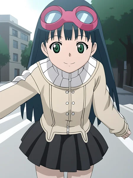 score_9, source_anime BREAK, oldest, anime screencap, outdoors, day, city, pose, <lora:KashaMaverick(Pony)-11:1>KashaMaverick, 1girl, solo, long hair, blue hair, goggles, goggles on head, pink goggles, sweater, multicolored sweater, turtleneck sweater, buttons, white buttons, miniskirt, black skirt, pleated skirt, visible hands, smile, looking at viewer,