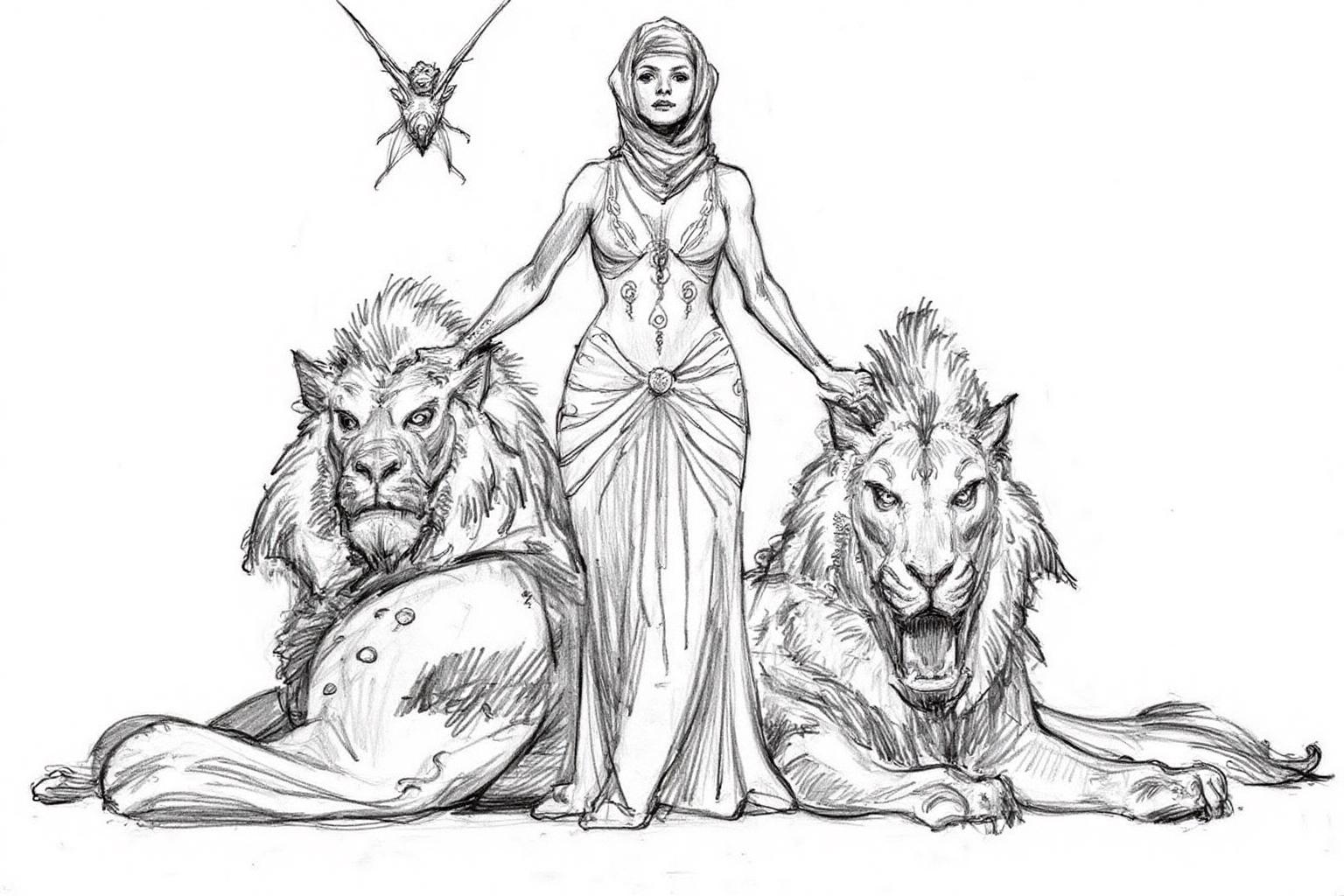pencil sketch.
A woman standing between two large lion-like mythical creatures. She is dressed in a flowing gown with intricate patterns and a headscarf. Her hands are placed on top of the heads of the creatures sitting on either side of her. Above her, there is a small, winged creature. <lora:iainmccaig1_cap_d8a4e12:1.0><lora:864353332766995542:0>