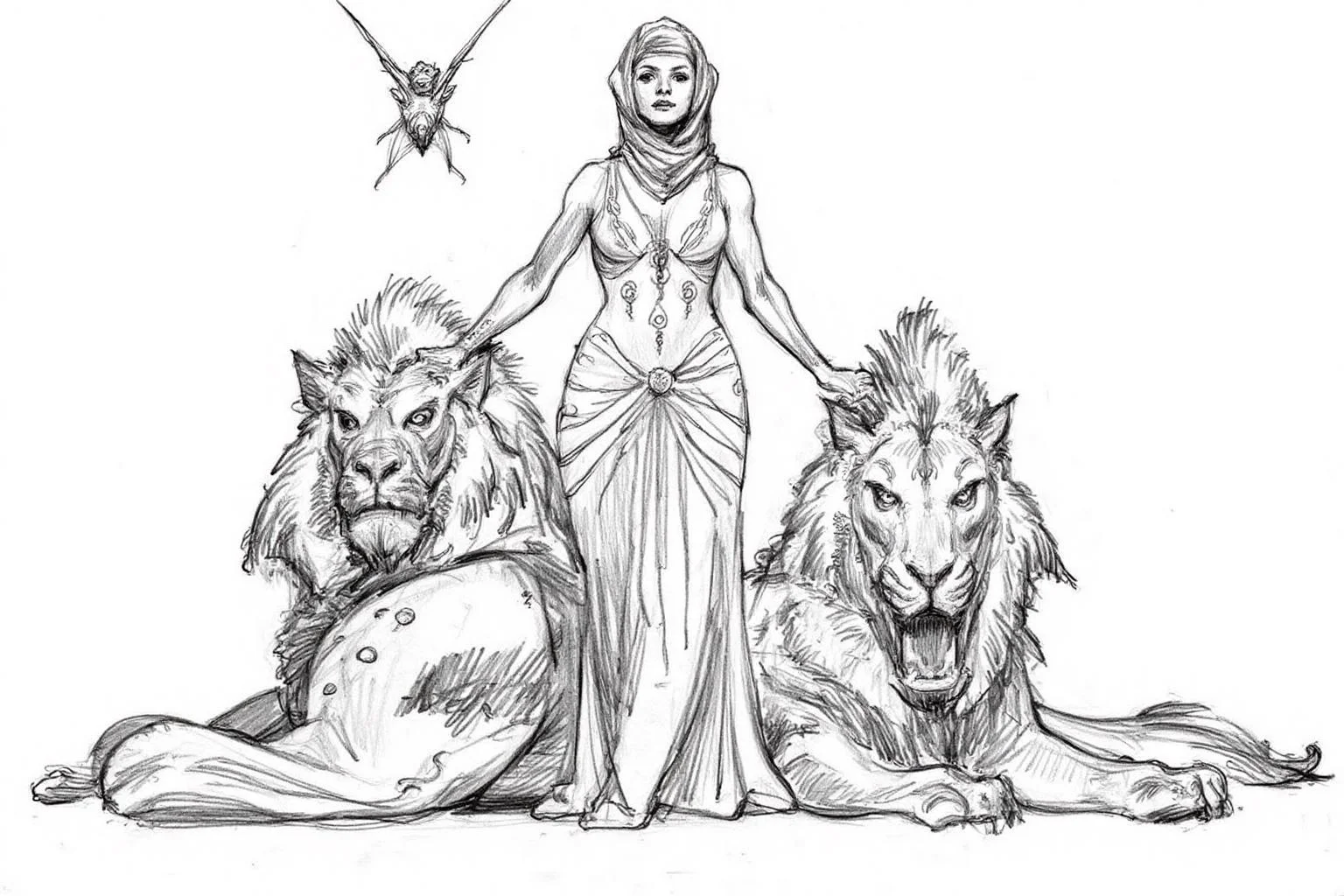 pencil sketch.
A woman standing between two large lion-like mythical creatures. She is dressed in a flowing gown with intricate patterns and a headscarf. Her hands are placed on top of the heads of the creatures sitting on either side of her. Above her, there is a small, winged creature. <lora:iainmccaig1_cap_d8a4e12:1.0><lora:864353332766995542:0>