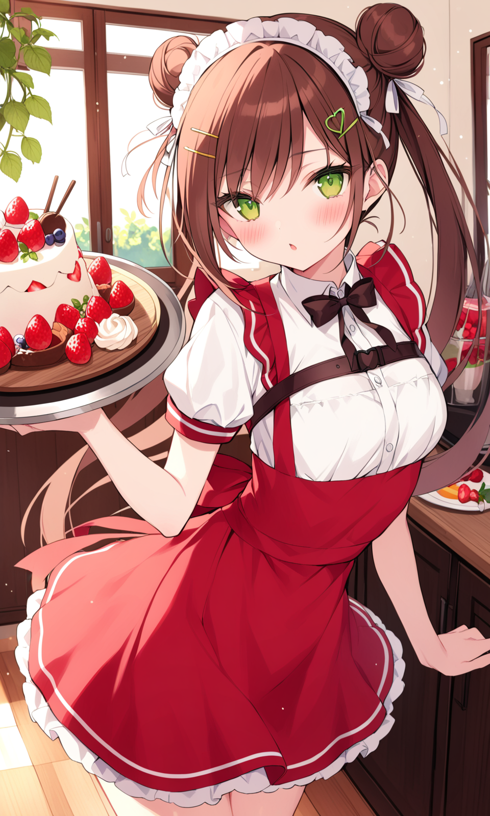 1girl, sensitive, solo, long hair, looking at viewer, blush, shirt, skirt, brown hair, hair ornament, holding, bow, ribbon, green eyes, white shirt, short sleeves, heart, food, indoors, hairclip, hair bun, bag, maid headdress, double bun, red skirt, fruit, red dress, tray, strawberry, holding tray, waitress, red apron