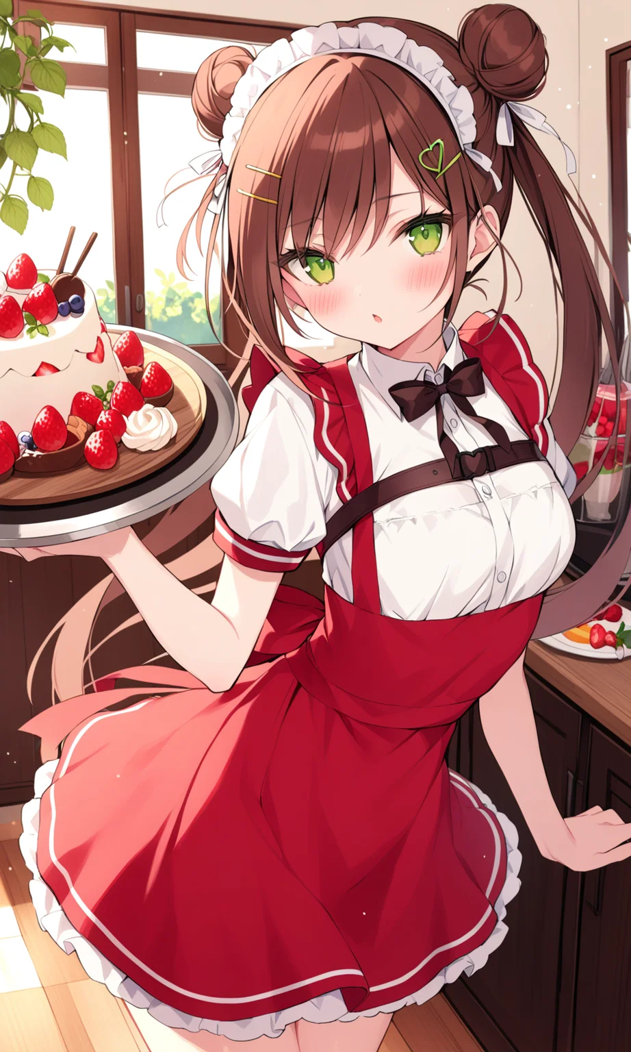 1girl, sensitive, solo, long hair, looking at viewer, blush, shirt, skirt, brown hair, hair ornament, holding, bow, ribbon, green eyes, white shirt, short sleeves, heart, food, indoors, hairclip, hair bun, bag, maid headdress, double bun, red skirt, fruit, red dress, tray, strawberry, holding tray, waitress, red apron