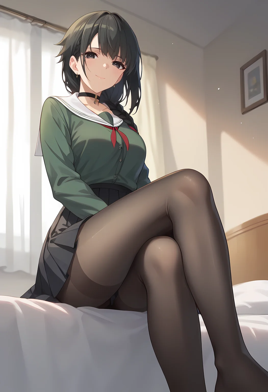 score_9_up,score_8_up,score_7_up,<lora:Yuki_v1.1_PONY-000030:1>,<lora:Expressive_H-000001:1>,
YAMS_YK,1girl,solo,long hair,single braid,black eyes,black hair,braid,black skirt,white sailor collar,black pantyhose,looking at viewer,pleated skirt,black choker,closed mouth,green shirt,smile,bedroom,bed,no shoes,from_below,sitting,crossed_legs