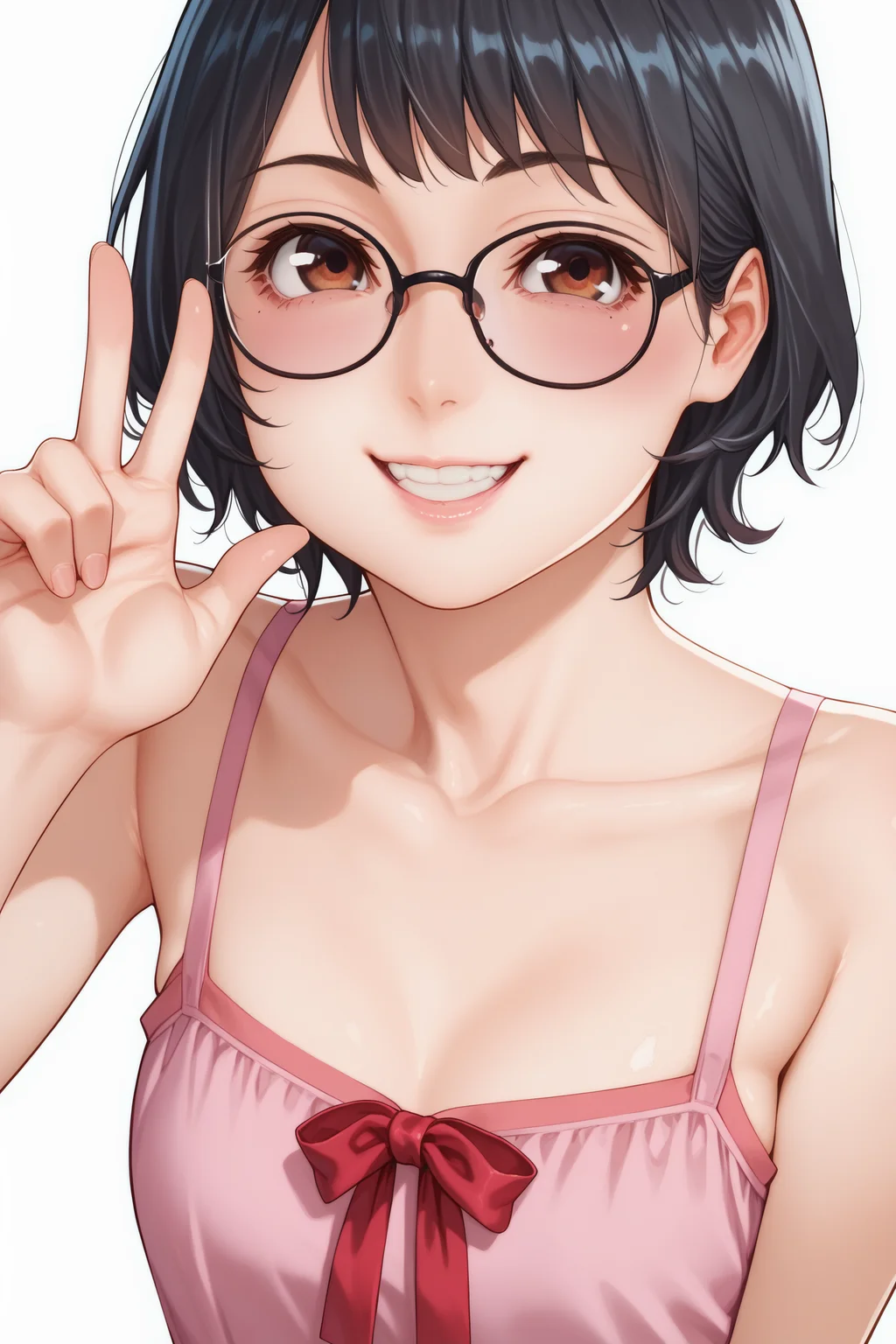 score_7_up, 1girl, solo, smile, looking at viewer, glasses, ribbon, black hair, pink dress, white background, simple background, collarbone, brown eyes, upper body, short hair, blush, bangs, teeth, v
, <lora:Yamatogawa_PonyXL_dim32:1>