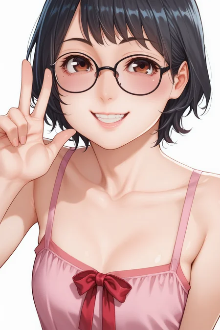 score_7_up, 1girl, solo, smile, looking at viewer, glasses, ribbon, black hair, pink dress, white background, simple background, collarbone, brown eyes, upper body, short hair, blush, bangs, teeth, v
, <lora:Yamatogawa_PonyXL_dim32:1>