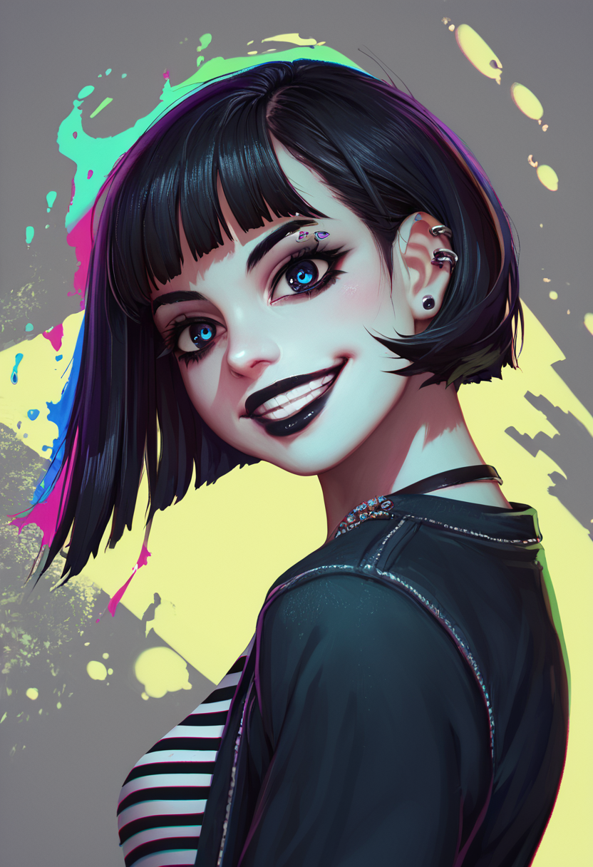 score_9,score_8_up,score_7_up,score_6_up, solo, 1girl, dork girl, goth, bob cut, black hair, makeup, lipstick, jewelry, piercings, from side, black jacket, white stripped shirt, multicolored lighting, upper body, chromatic aberration, dim lighting, pose, intricate details, realistic skin, veins, mandala, glitch, paint splash, multicolored background, grin, head tilt, shadow, looking at viewer,  st4rf4u1t,  <lora:STAR_FRUIT_Style:0.81>