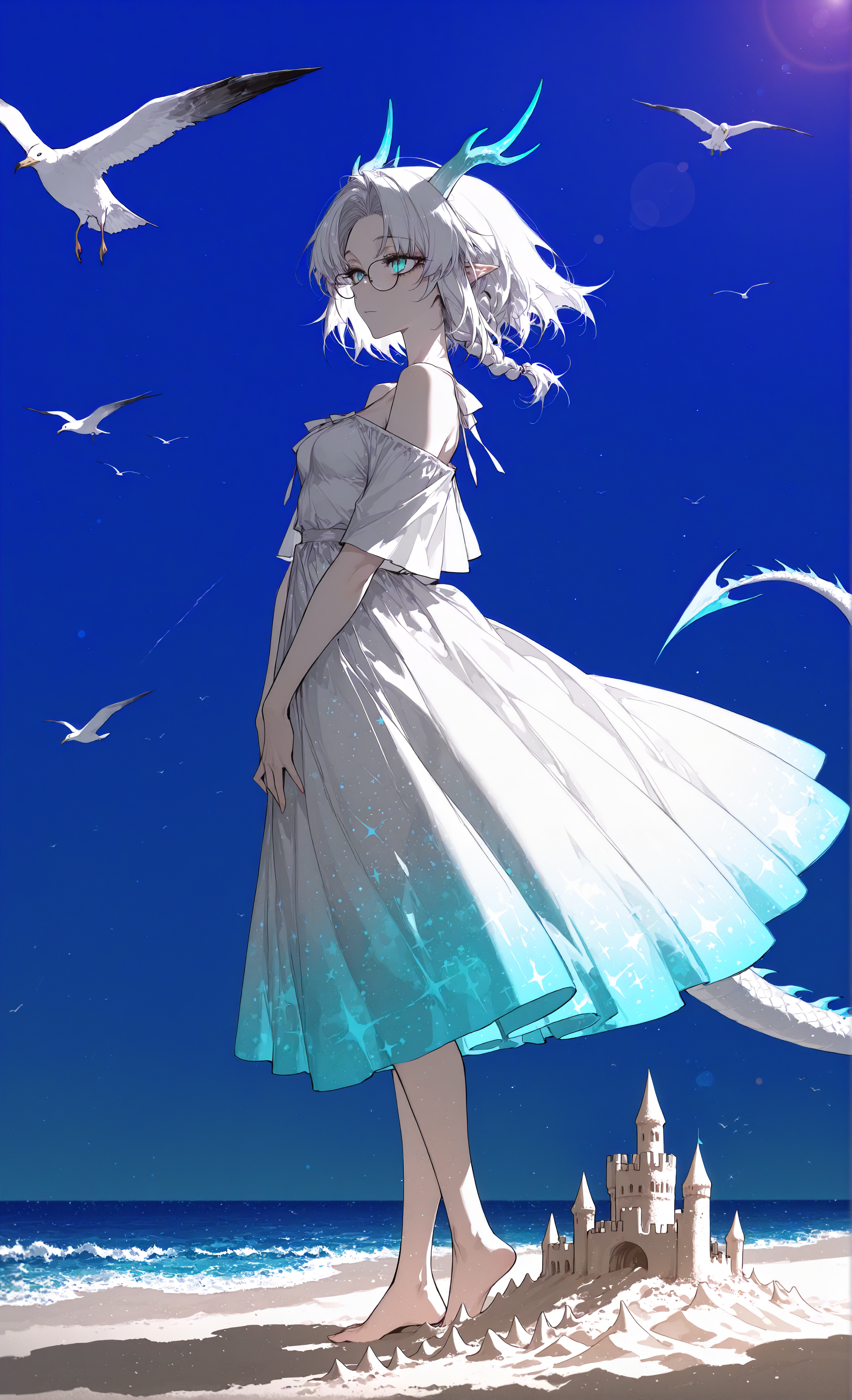masterpiece, sharp detail, intricate detail, 1girl, (j.k., rella, konya karasue), floating hair, mature female, dragon girl, white dragon tail, white dragon horns, white hair, black tips, medium hair, curtained hair, side braid, glasses, pointy ears, aqua eyes, small breasts, ink art, summer dress, bare shoulders, short sleeves, off shoulder, white dress, starry print on dress, gradient dress, from side, bare foot, sand, ocean, seagulls, lens flare, color splash, neon palette,  blue background, gradient background, off-shoulder dress, huge sand castle,  chiaroscuro, volumetric lighting, dappled light, dramatic shadows, cinematic lighting, detailed background, light and shadow contrast, <lora:aboba_prime_3:0.8>