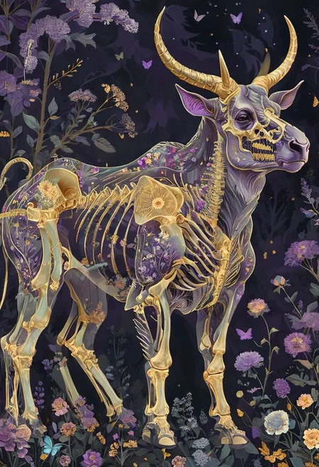 ral-granlum, flat illustration of a minotaur with intricate purple patterns adorning its skeletal structure, facing to the right. The creature stands amidst a serene forest backdrop, surrounded by various trees, flowers, and butterflies. Its body is outlined with metallic gold. The color palette is dominated by soft pastels, with the creature's skeleton being the most prominent feature, contrasting beautifully with the floral elements.