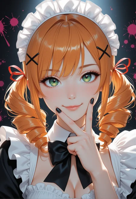 high_quality, highres, beautiful, detailed, (masterpiece, best quality:1.2), absurdres, 8k, HDR, 1girl, green eyes, ginger hair, black nails, red ribbon, close-up, hair ornament, twin drills, looking at viewer, medium hair, black bowtie, splatter background, dramatic lighting , maid costume, smile, solo, v, v over mouth, x hair ornament