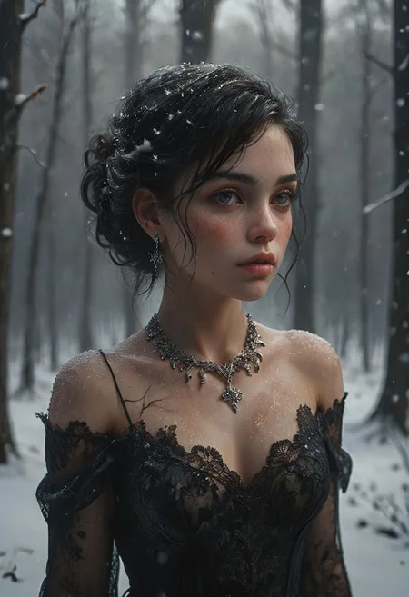 The image features a woman with dark hair and a tattoo on her arm, wearing a black dress. She is standing in a snowy forest, surrounded by trees. The woman is wearing a necklace and earrings, adding a touch of elegance to her appearance. The scene captures a sense of mystery and beauty, as the woman seems to be posing for a portrait in the midst of the wintry landscape. 
award winning artwork,
many details, extreme detailed, full of details,
Wide range of colors., Dramatic,Dynamic,Cinematic,Sharp details
Insane quality. Insane resolution. Insane details. Masterpiece. 32k resolution.
 <lora:add-detail-xl:0.65> <lora:casting shadow style v2:0.1> casting shadow style, cucoloris patterned illumination <lora:CinematicStyle_v1:0.1> <lora:Disturbia:0.15> <lora:dvr-lnds-sdxl:0.1> dvr-lnds-sdxl <lora:MJ52:0.2> <lora:princess_xl_v2:0.1>  <lora:ral-dissolve:0.1> ral-dissolve <lora:ral-ertmsphr:0.1> ral-ertmsphr  <lora:ral-porcelain:0.3> ral-porcelain <lora:ral-pxlprtcl:0.31> ral-pxlprtcl  <lora:xl_more_art-full_v1:0.5>