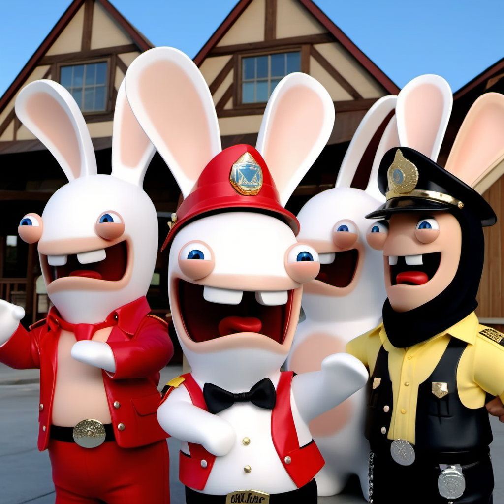a rabbit dressed as a cowboy, a rabbit dressed as a indian, a rabbit dressed with a latex cap,  a rabbit dressed with a hardhat, a rabbit dressed as a cop,  like the village people band, highly detailed, photography, ultra sharp, film, professional, 64k  <lora:LapinsCrétins1024-000175:0.8> <lora:add-detail-xl:1.5>