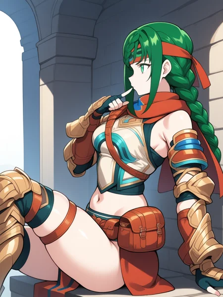 perfect quality,best quality,absolutely eye-catching,ambient occlusion,raytracing BREAK
1girl,<lora:annnu IL v1.1>,annnu,green hair,long hair,headband,green eyes,armor,gauntlets,fingerless gloves,navel,sleeveless,shoulder bag,pelvic curtain,belt pouch,thigh strap,braided ponytail,braided bangs,armored boots,thighhighs,serious,, from side,portrait,reclining,finger_to_mouth,curvy,knees_to_chest,
