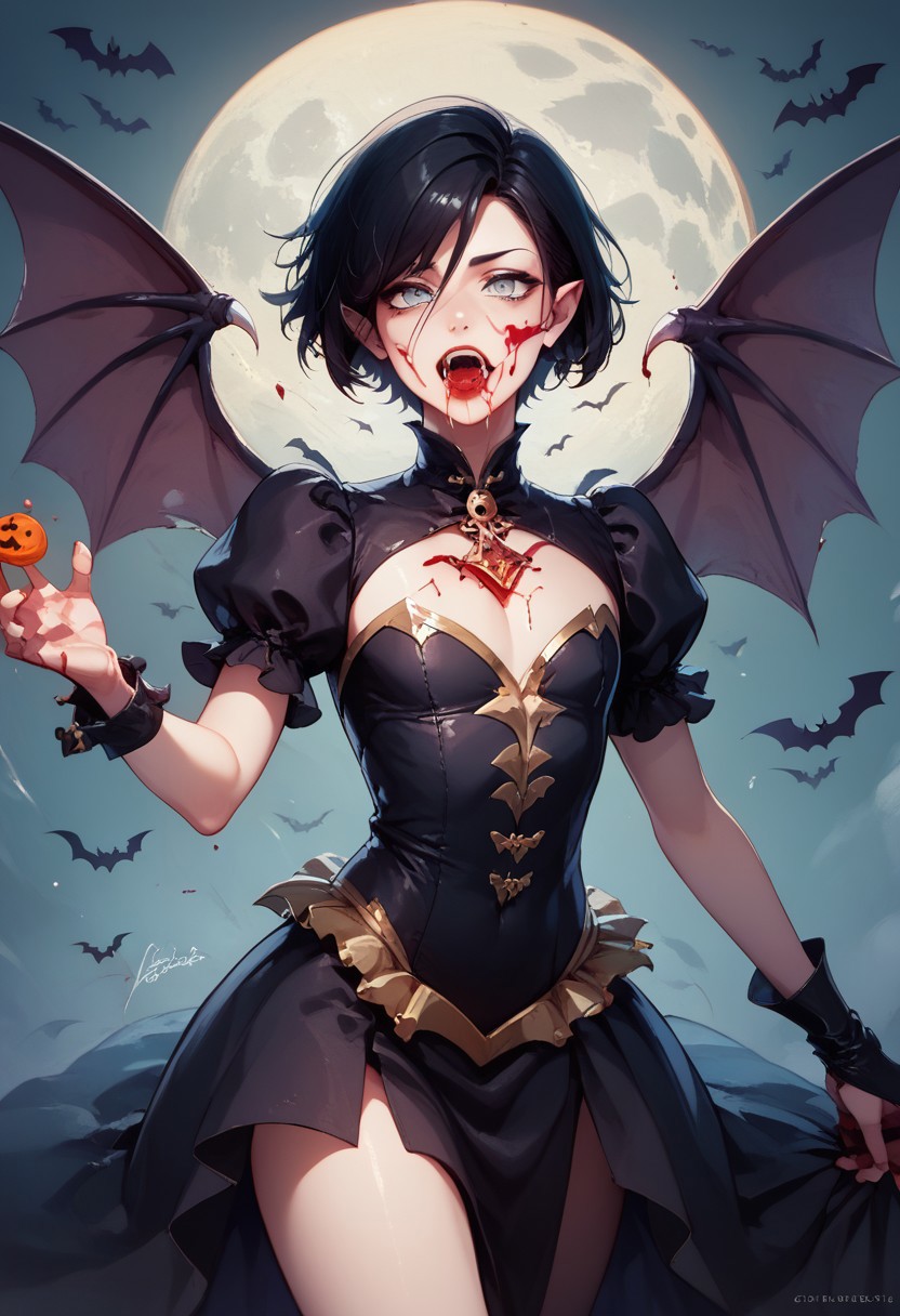 score_9, score_8_up, score_7_up, 1boy, femboy, otoko no ko, short hair, bob cut hair, black hair, grey eyes, gray eyes, feminine face, toned body, Shelly, vampire, pointy ears, fangs, black dress, wings, blood, blood on face, blood on mouth, bat (animal), halloween, halloween costume, upper teeth only, naughty pin-up pose,
, highly detailed, intricate, zzCitronLegacy, modelshoot