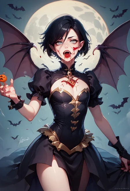 score_9, score_8_up, score_7_up, 1boy, femboy, otoko no ko, short hair, bob cut hair, black hair, grey eyes, gray eyes, feminine face, toned body, Shelly, vampire, pointy ears, fangs, black dress, wings, blood, blood on face, blood on mouth, bat (animal), halloween, halloween costume, upper teeth only, naughty pin-up pose,
, highly detailed, intricate, zzCitronLegacy, modelshoot