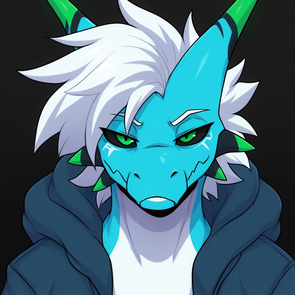 masterpiece, best quality, amazing quality, 
solo, 1boy, RetrospecterFNF, furry male, demon, dragon, horns, white hair, blue body green eyes, white body, black sclera, multicolored body, jacket, unamused, looking at viewer,
simple black background, face focus, close up, looking at viewer,