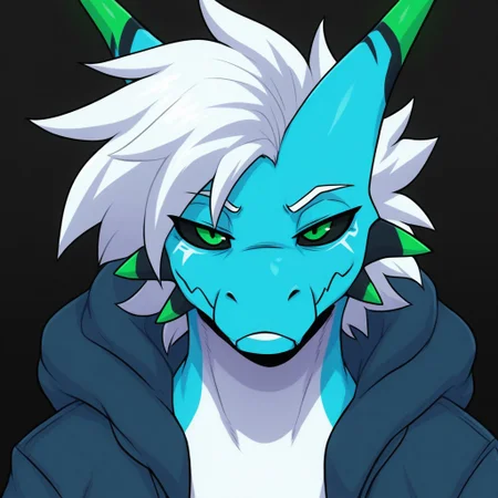 masterpiece, best quality, amazing quality,
solo, 1boy, RetrospecterFNF, furry male, demon, dragon, horns, white hair, blue body green eyes, white body, black sclera, multicolored body, jacket, unamused, looking at viewer,
simple black background, face focus, close up, looking at viewer,