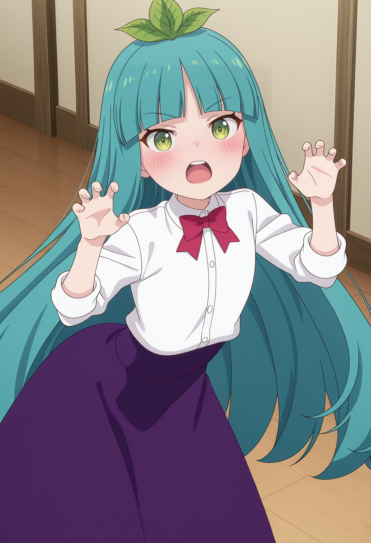 highres, best quality, masterpiece, indoors,
1girl, solo, sl300san, long hair, aqua hair, green eyes, leaf, blunt bangs, leaf hair ornament,
collared shirt, red bow, white shirt, blue skirt, purple skirt, long skirt,
anime screencap,
looking at viewer, blush,
standing, upper teeth only, claw pose, arched back, 
<lora:_sandra_slime300-elesico-ilxlD:1>