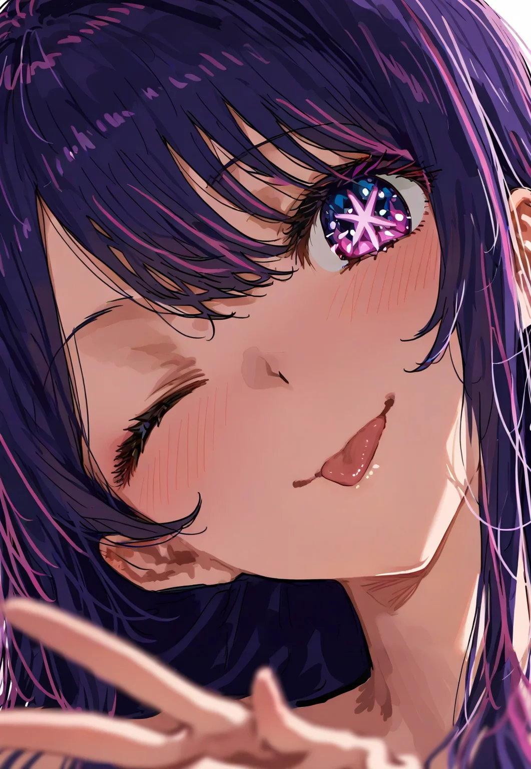 <lora:aruhshuraSDXL:1>, best quality, masterpiece, aruhshura, 1girl, hoshino ai \(oshi no ko\), star-shaped pupils, purple hair, blush, smile, tongue out, one eye closed, head tilt, close-up, head turn, peace sign, depth of field, bright pupils, upper body,