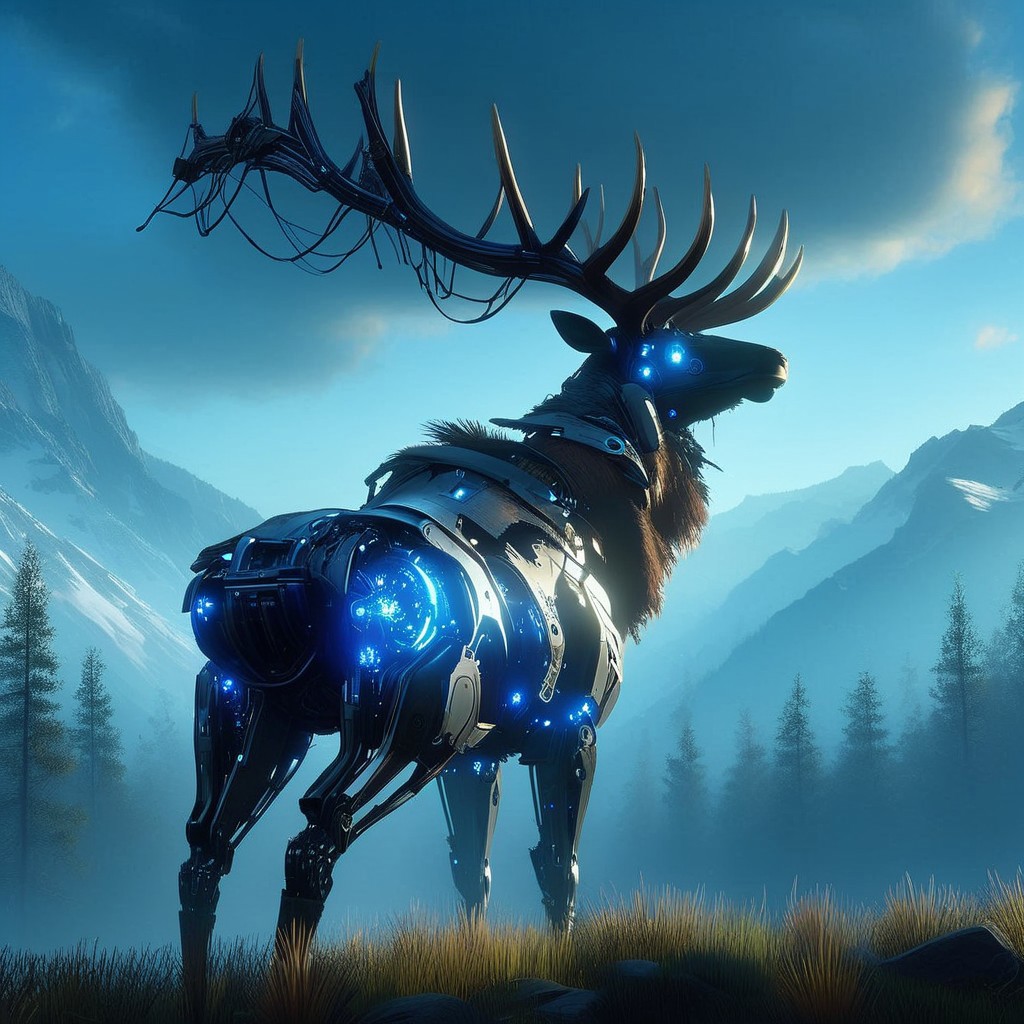 (Ultra Realistic:1.0),32k,(Masterpiece:1.0),(High Detailed Skin:1.0),( High Quality:1.0), (Detailed Realistic Background:1.3), (Official Art, Beautiful and Aesthetic:1.2), (Realistic Lighting:1.0), glowing, day, science fiction, nature, grass, deer, scenery, mountain, non-humanoid robot, forest, "An imposing, machine-like elk standing majestically on mountain edge looking at sky, its intricate mechanical parts inspired by the Horizon Zero Dawn style. The elk’s body is a blend of organic and metallic elements, with glowing blue lights coursing through its frame, reflecting the technological sophistication of a bygone era. Its angle are vast and sharp, made of gleaming steel, resembling a regal crown.
The scene is set in a deep of field, epic cinematic lighting, view from below dramatic sky with beams of cinematic light piercing through the canopy, casting dramatic shadows across the elk’s form. The atmosphere is epic and tense, as the elk stands still, as if inspecting its surroundings with quiet intelligence. The mood is both mysterious and foreboding, emphasizing the contrast between nature and technology, framed in high resolution and intense detail, evoking the visual grandeur and storytelling depth of Horizon Zero Dawn."