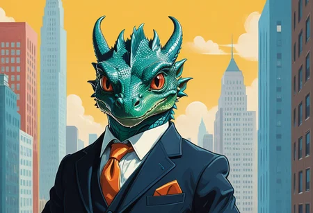 baby dragon (wearing tuxedos:1.1), office (wall street vibes:1.3), teacher dragon (wise eyes:1.1), retro children's book illustration style, thick outlines, vibrant colors, friendly composition