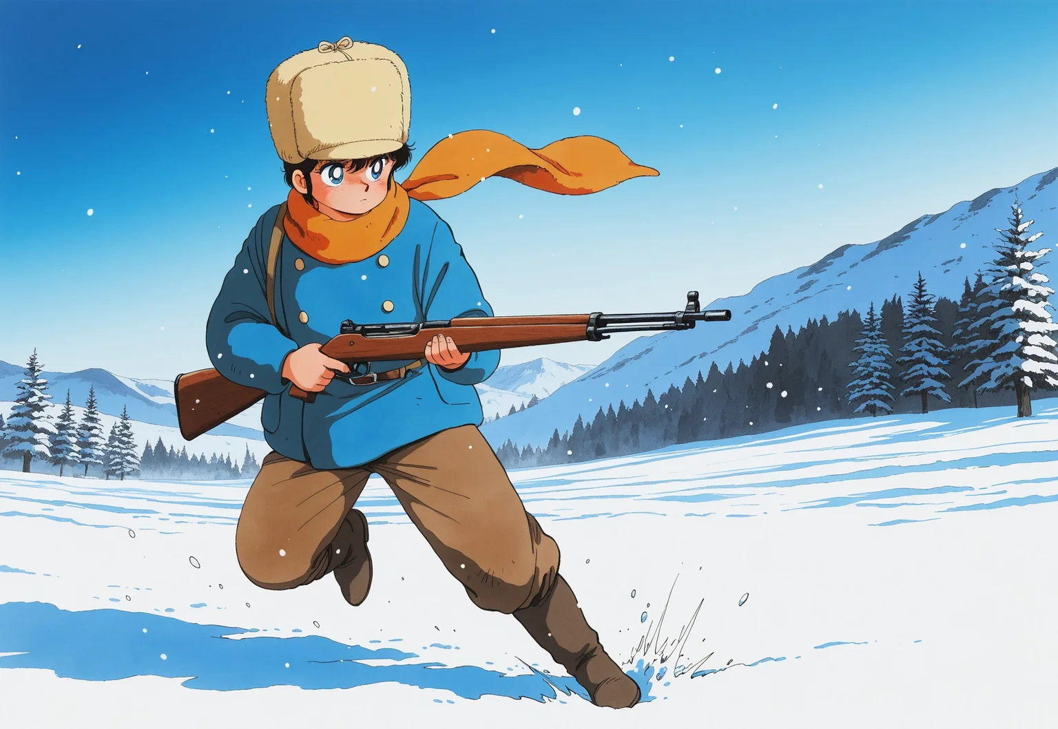 masterpiece, best quality, amazing quality, very aesthetic, absurdres, intricate details, vibrant colors, 1980s \(style\), traditional medium, male focus, Corio, 1boy, solo, short hair, fur hat, blue eyes, bangs, black hair, aged up, orange scarf, blue long sleeves, button, boots, brown long pants, a teen boy hunting in the snow, rifle, gun, hold, holding weapon, finger on the trigger, harsh snow fall, day time, stoic expression, scenery, innocence lost, wide shot, dynamic pose,