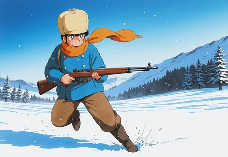 masterpiece, best quality, amazing quality, very aesthetic, absurdres, intricate details, vibrant colors, 1980s \(style\), traditional medium, male focus, Corio, 1boy, solo, short hair, fur hat, blue eyes, bangs, black hair, aged up, orange scarf, blue long sleeves, button, boots, brown long pants, a teen boy hunting in the snow, rifle, gun, hold, holding weapon, finger on the trigger, harsh snow fall, day time, stoic expression, scenery, innocence lost, wide shot, dynamic pose,