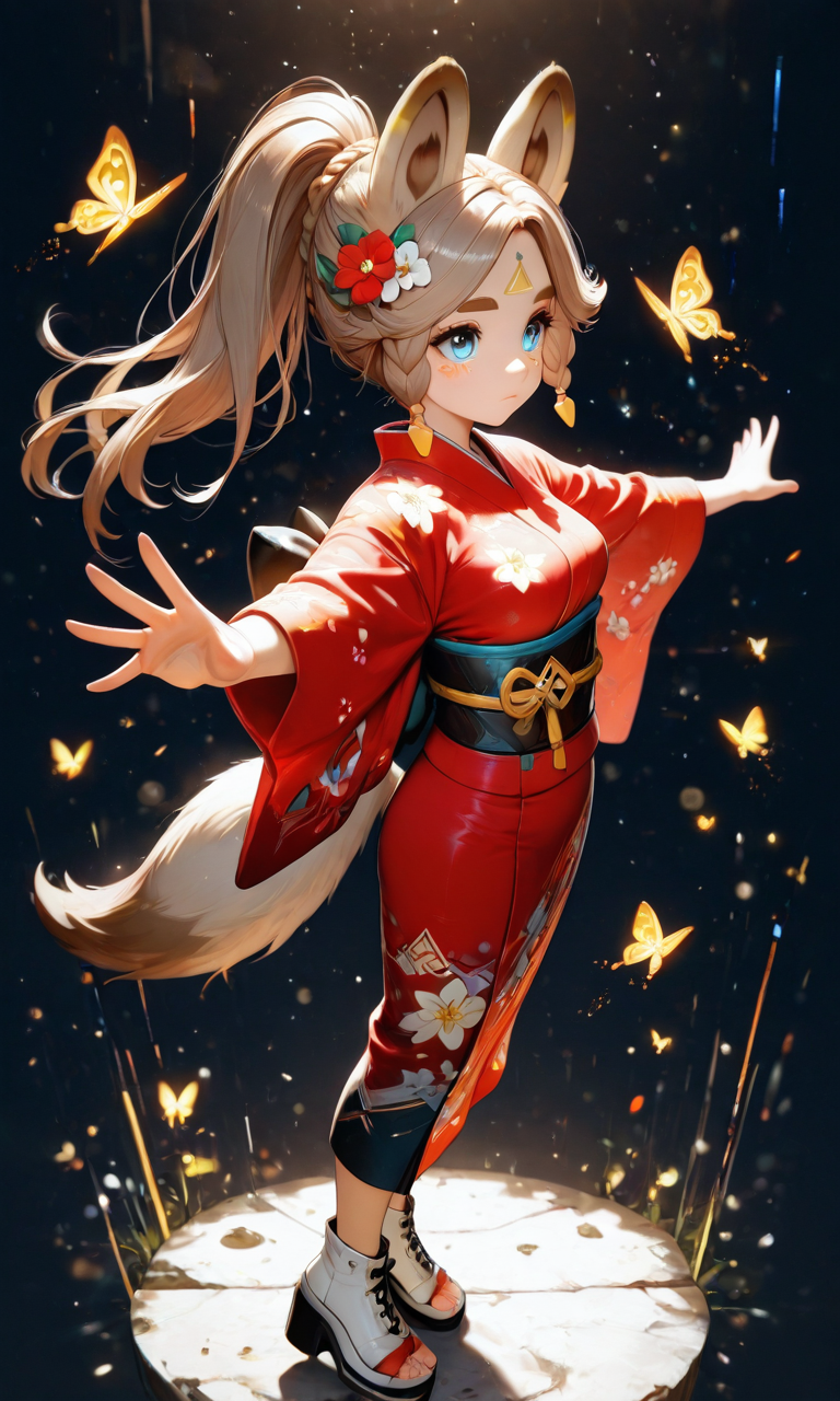 masterpiece, cute, lovely, (best quality:1.3), best quality, (amazing quality:1.3) ,very aesthetic, high resolution, absurdres, newest, 1girl, solo, perfect eyes, intricate eyes, Kachina_Genshin, animal ears, long hair, braid, high ponytail, brown hair, thick eyebrows, facial mark, blue eyes, parted bangs, tattoo, animal_tail, very cute, light particles, cute details, cute colors, (medium_breasts:1.3), BREAK, animal ears, portrait,  expressionless, floating hair, hair flower, japanese clothes, kimono, Butterfly, shoes, toeless footwear, yukata, looking at viewer, looking to the side, outstretched arms, outstretched hand, reaching, spread arms, flower, spider lily, solo, glitch, black background, from side, foreshortening, full body, closed mouth, digital dissolve, pixelated, one eye covered, reaching towards viewer, red flower, red kimono, white flower, white footwear, intricate details, vivid colors, smooth shading, dynamic lighting, professional illustration, soft gradients, balanced composition, elegant pose, high-resolution, sharp focus, 8k, hdr, crisp lines, perfect lighting, sharp eyes, detailed eyes, highly detailed