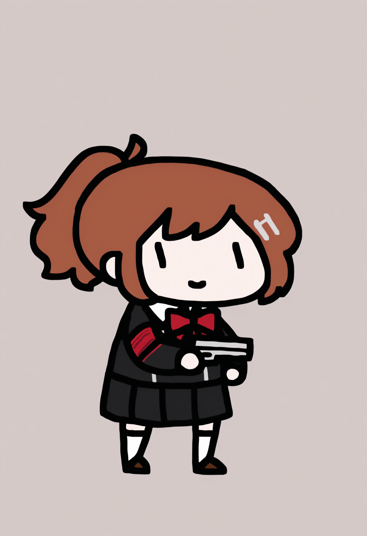 masterpiece, best quality, newest, chibi, full body, solo, 1girl, sh1omi, smile, standing, holding gun, handgun, short hair, brown hair, ponytail, hairclip, | |, school uniform, black jacket, long sleeves, red armband, white shirt, collared shirt, red bowtie, black skirt, pleated skirt, kneehighs, white socks, brown footwear, loafers, simple background
 <segment:yolo-Anzhc Face seg 640 v3 y11n.pt,0.4,1//cid=11>